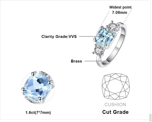 Vista 2 de JewelryPalace Anillos de 2.6ct con topacio azul genuino de corte cojín de 3 piedras para ella, anillo de promesa de 14K chapado en oro blanco 1-latón