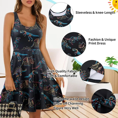 Vista 35 de uideazone - Vestido de mujer sin mangas cuello redondo de verano, para playa, casual, Midi línea A.