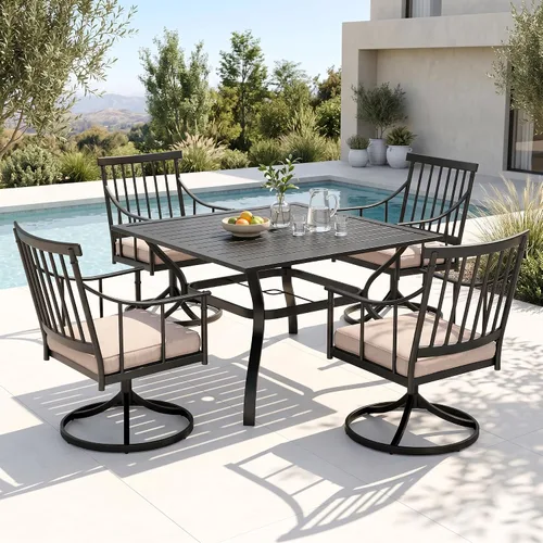 Vista 19 de PHI VILLA Juego de mesa de comedor para patio de 7 piezas con cojín para 6, mesa grande rectangular de metal para exteriores con orificio para Silla
