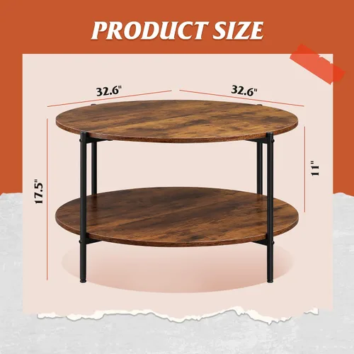 Vista 3 de WLIVE - Mesa de centro redonda, mesa de café pequeña de 32.6" con estante de almacenamiento, mesa de centro de madera de 2 niveles para sala