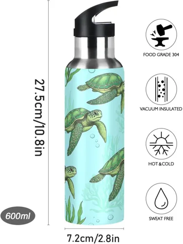 Vista 9 de Insulated Stainless Steel Water Bottle with Straw 32 Oz, Leakproof Water Bottles for Gym Outdoor Travel School, Green Sea Turtles