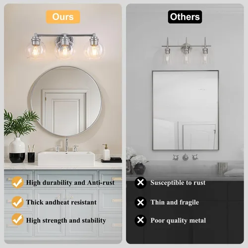 Vista 3 de Lámparas de baño de 3 luces, moderna lámpara de tocador con pantalla de cristal de globo, luces de baño cromadas plateadas sobre espejo, luces