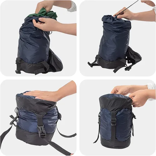 Vista 5 de Saco de compresión de nailon para saco de dormir, organizador de bolsas ligeras para camping, mochilero, senderismo Azul