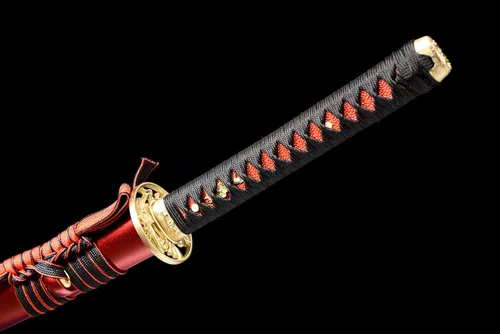 Vista 8 de Katana de arcilla templada de 41 pulgadas, hoja morada, acero al carbono 1095, espada samurái japonesa afilada, espada completa, hecha a mano