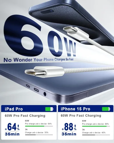 Vista 4 de Cargador para iPhone 17 y 16, carga rápida, tipo C, 20 W, USB C, bloque para iPad, con cable USB-C tejido de 6 pies, sincronización de datos de 60 W