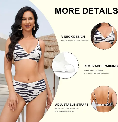 Vista 2 de Taze'ne Conjunto de bikini con cuello en V para mujer, traje de baño de dos piezas con correas ajustables y control de abdomen