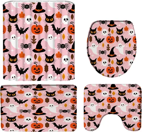 Vista 3 de 4PC Blue Halloween Shower Curtain Set Cute Ghost Horror Pumpkin Spooky Cat Scary Skull Bat Magic Witch Hat Gothic Spider Web Bath Rug with U-Shaped