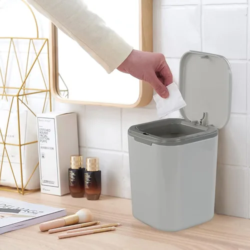 Vista 6 de Morcte - Cubo de basura pequeño de 0.5 galones, mini bote de basura gris para escritorio Mini papelera de escritorio, tapa de botón