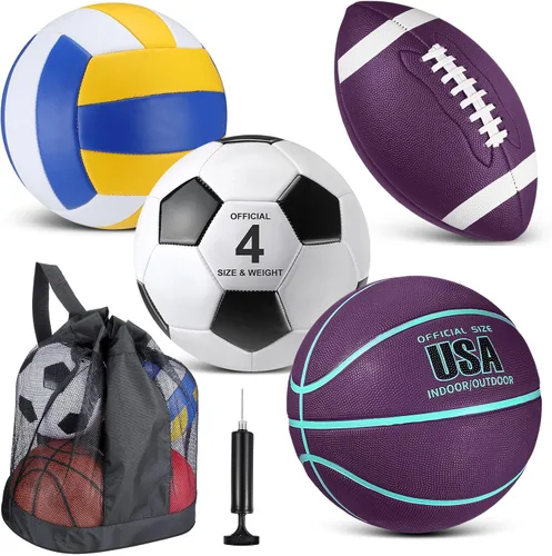 Vista 7 de HyDren Juego de 4 pelotas deportivas de tamaño oficial para baloncesto, balón de fútbol, voleibol, con bolsa de transporte y inflador, regalo