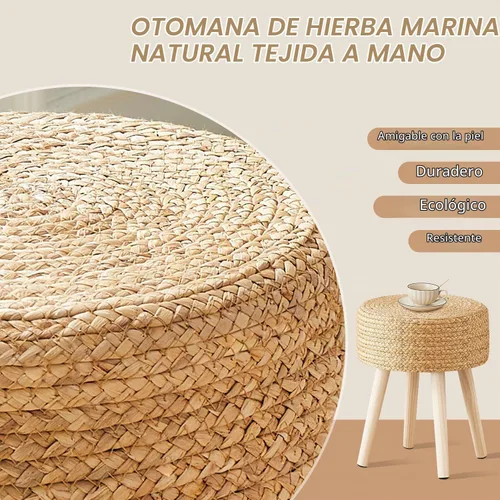 Vista 4 de Cpintltr Taburete otomano redondo con patas de madera maciza, reposapiés de jacinto tejido a mano, taburete para sala de estar, balcón, jardín