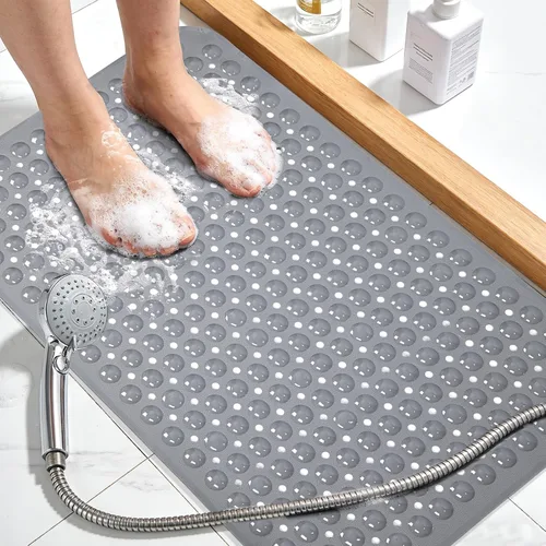 Vista 8 de Tapete de ducha negro antideslizante de 17 x 30 pulgadas, tamaño estándar, tapete de baño de burbujas suaves para ducha interior, tapete de baño