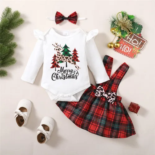 Vista 9 de Vedext Conjunto de ropa de Navidad para recién nacido mameluco de Navidad falda a cuadros con tirantes diadema