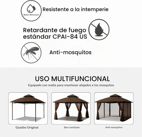 Vista 4 de Tanxianzhe Mosquitera de Repuesto para Gazebo de 10'x10' Paredes Mosquiteras de Patio de 4 Paneles con Cremallera (Marrón)