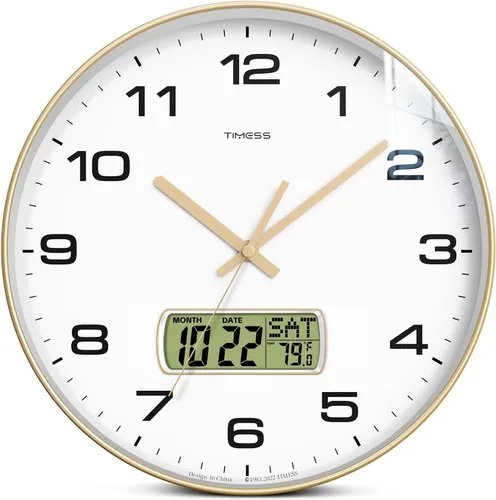Vista 12 de Reloj de pared TIMESS, de 14" con gran esfera silenciosa y sin tictac, funciona con pilas, analógico con pantalla LCD para calendario perpetuo