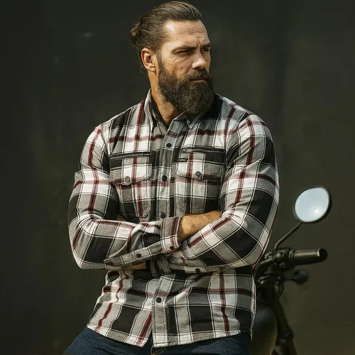 Vista 2 de Camisa de Motociclista para Hombre Daniel Smart Plaid Biker Chaqueta de Franela Desmontable Deportiva Blindada, Cierre con Cremallera y Resistente