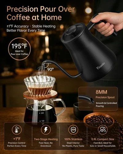 Vista 3 de Hervidor eléctrico de cuello de cisne para verter sobre café, control de precisión de ±1 °F, calefacción inteligente de dos etapas, 2 horas