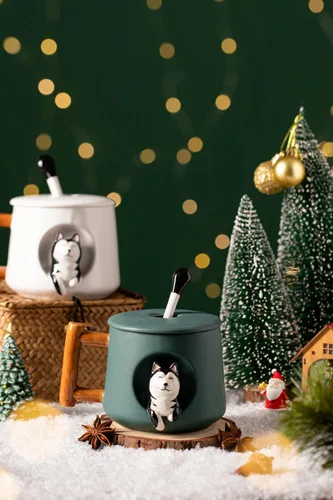 Vista 3 de DIHOclub Taza de café de cerámica con tapa y cuchara a juego, taza novedosa 3D con patrón de Husky para té, leche, chocolate, jugo, taza linda