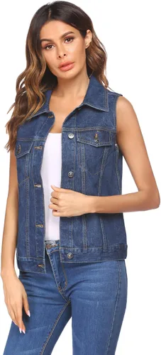 Vista 4 de Chaleco de mezclilla para mujer, casual, clásico, con bolsillos con solapa en el pecho