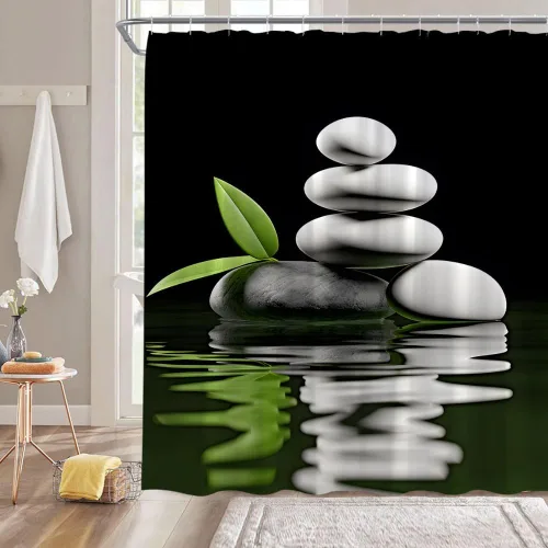 Vista 2 de Cortina de ducha pequeña, spa con hojas de piedra de agua, jardín, japonés, asiático, naturaleza, negro, blanco, verde, RV, baño, decoración