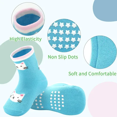 Vista 4 de Calcetines antideslizantes para niños pequeños, 15 pares, calcetines de agarre para niñas y niños de 0 a 7 años, calcetines suaves de dibujos