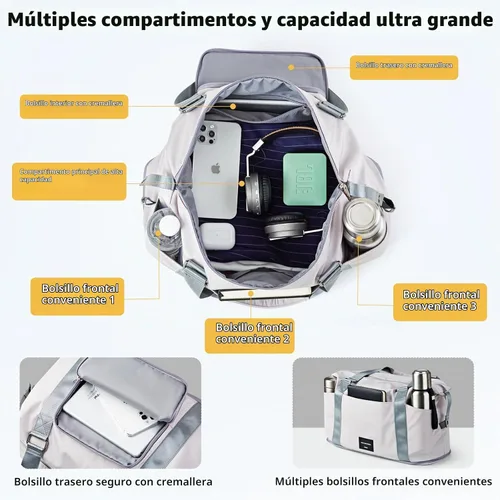Vista 4 de Hanke Bolsa de viaje expandible de 39 litros, bolsa de lona plegable para viajes, bolsas de mano de fin de semana para mujeres con múltiples Gris