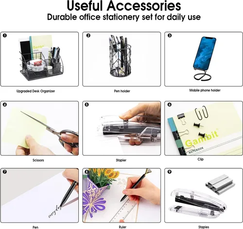Vista 5 de KAAKOW Organizadores de Escritorio Negros y Accesorios Juego de Suministros de Oficina Grapadora, Portabolígrafos, Soporte para Teléfono, Tijeras