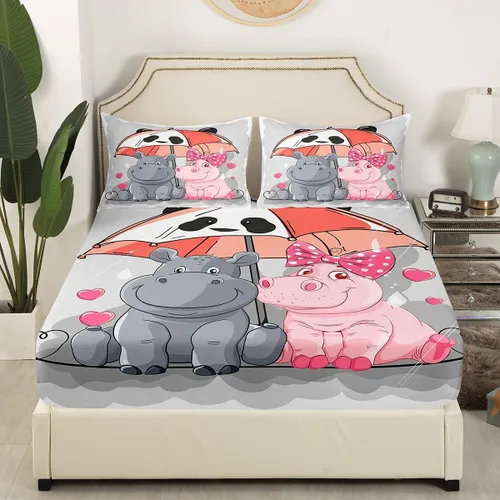 Vista 3 de Erosebridal Juego de ropa de cama de hipopótamo de dibujos animados Kawaii Panda Umbrella para niños y niños, lindas sábanas de cama para amantes
