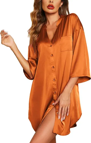 Vista 7 de Ekouaer Camisones de satén para mujer, ropa de dormir de seda con botones, manga 3/4, cuello en V, con bolsillos 01 Negro