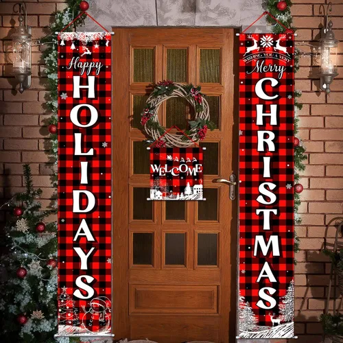 Vista 6 de Cartel navideño de 3 piezas de Navidad para porche, pancarta de Feliz Navidad, pancarta de bienvenida para puerta delantera, letrero colgante