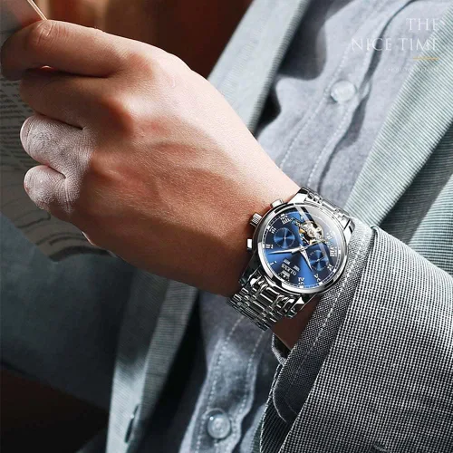 Vista 3 de OLEVS Reloj para hombre Tourbillon automático mecánico de cuerda automática, reloj de pulsera de lujo con doble calendario de acero inoxidable