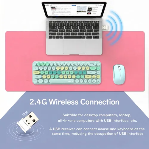 Vista 2 de Combo compacto de teclado y mouse inalámbricos, teclas redondas coloridas, 68 teclas sin sonido, adecuado para niñas y niños, compatible