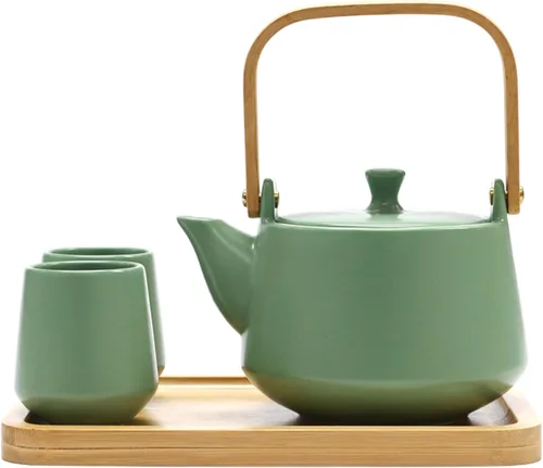 Vista 10 de Urban Tokyo Juego de té de cerámica con bandeja de bambú, tetera de 20 onzas líquidas con 2 tazas, esmalte mate satinado, servicio de té de Rosa