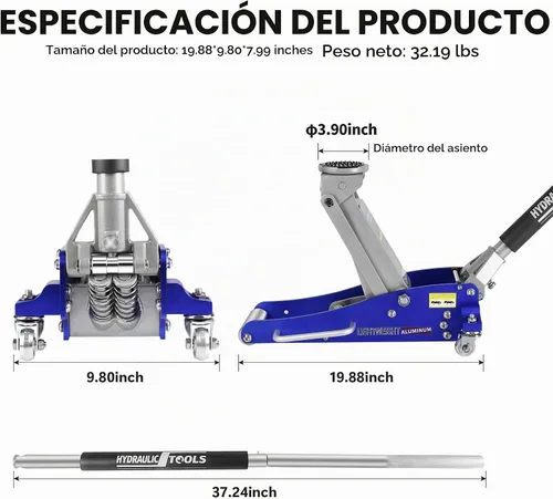 Vista 6 de Gato hidráulico de perfil bajo de aluminio y acero de 1.5 toneladas, ligero, con bomba doble de elevación rápida, capacidad de 3000 libras, rango