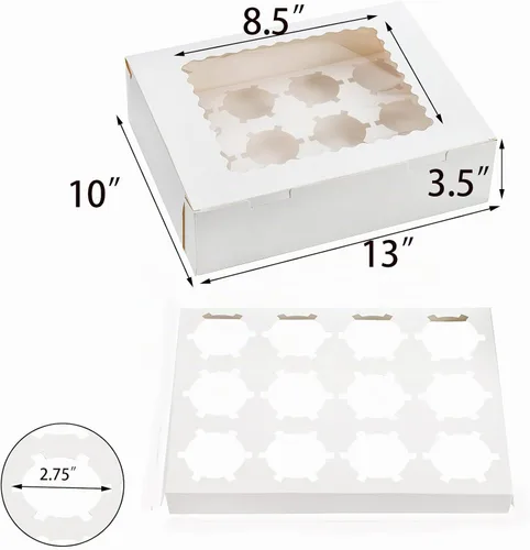 Vista 2 de Jucoan Paquete de 20 cajas para cupcakes, 12 unidades, recipientes de papel blanco para cupcakes con insertos y ventana, contenedor de panadería