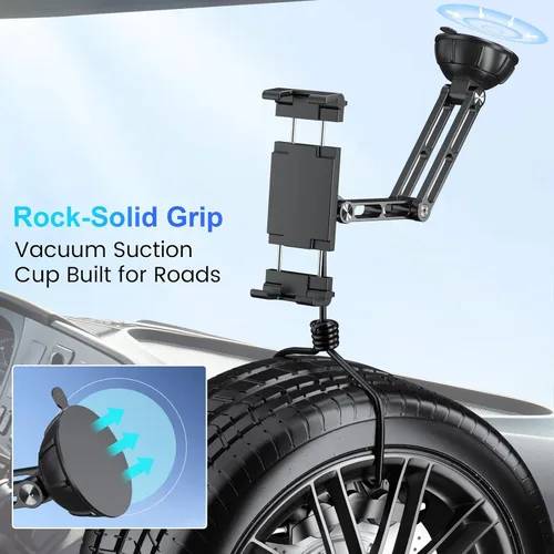 Vista 4 de PLDHPRO - Soporte para tablet en coche para salpicadero y parabrisas, plegable, de aleación de aluminio, con ventosa de vacío, soporte compatible