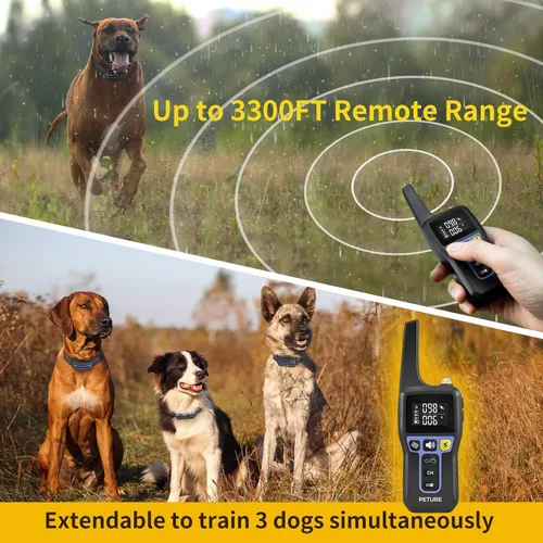 Vista 2 de Collar de choque para perro, collar de entrenamiento para perros con control remoto de 3300 pies, IPX7 impermeable, collar de choque para perros
