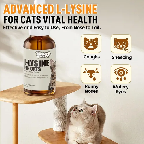 Vista 2 de Suplemento de L-lisina para gatos, gotas líquidas de L-lisina para gatitos con vitaminas taurina, apoyo inmunológico, respiratorio felino