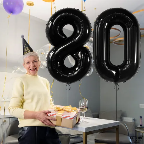 Vista 3 de KatchOn, Globos gigantes negros del número 80, 40 pulgadas, decoraciones de feliz cumpleaños 80 para mujer, globos de cumpleaños de 80 años