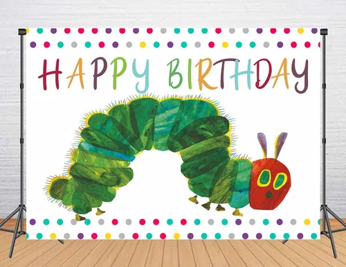 Vista 10 de Fondo de fotografía de feliz cumpleaños, fiesta temática de oruga de 5 x 3 pies, diseño de insectos de color arco iris, dibujos animados para niños