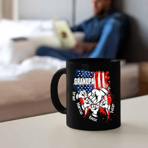 Vista 5 de Taza de café personalizada con la bandera estadounidense para el abuelo y el día del padre, nombres personalizados para papá y niños, taza