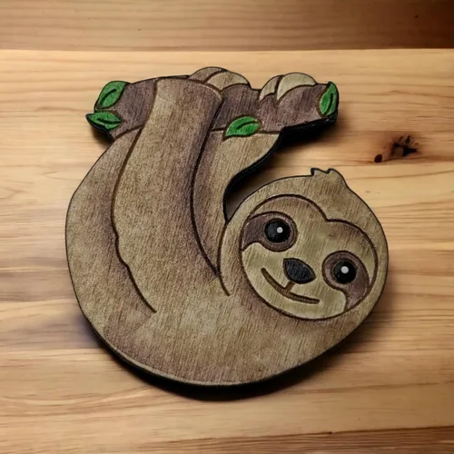 Vista 3 de Baby Sloth 1.5" Handpainted Wood Pin Nature Art Joanie