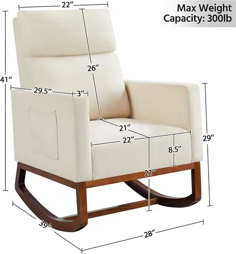 Vista 3 de Yaheetech Mecedora tapizada para cuarto de bebé, con patas de madera de goma, bolsillo lateral, sillón con respaldo alto para sala de estar, Beige