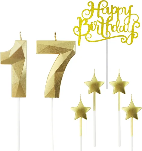 Vista 40 de Velas de cumpleaños doradas con número 20 y velas de estrella de cumpleaños de 7 cm Velas para pastel de cumpleaños en forma de diamante 3D son