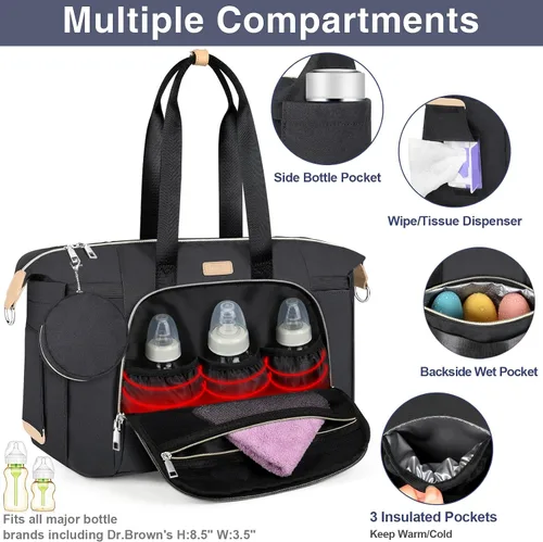 Vista 4 de ITIEZY Bolsa de pañales tipo tote para bebé - Bolsa grande para mamá con cambiador portátil, estuche para chupete, bolsas de hospital, bolsa