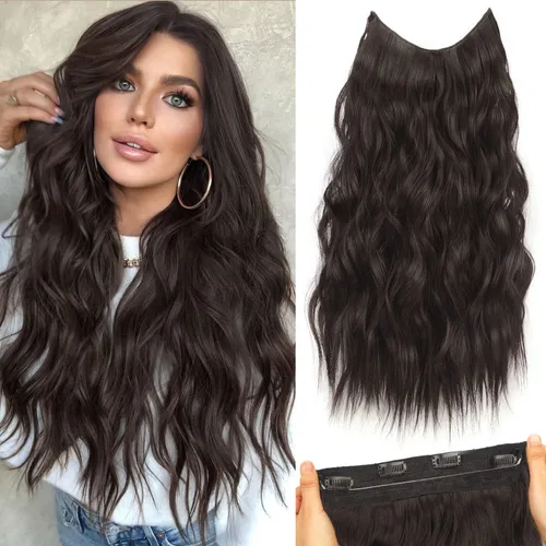 Vista 7 de Extensiones de cabello largo ondulado rubio miel con reflejos, línea de pescado transparente, postizo sintético con 4 clips de seguridad, diadema