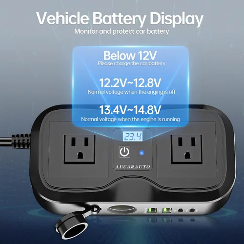 Vista 3 de Inversor de corriente para coche 7 en 1, inversor de corriente para coche de 200 W de CC 12 V a 110 V de CA con voltímetro LED, carga de 4 puertos