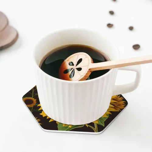 Vista 7 de Hermoso juego de 4 posavasos de cuero con estampado de girasol, impermeables, antiquemaduras, para sala de estar, mesa de café de 4 pulgadas Hexágono