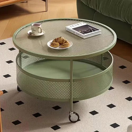 Vista 8 de Mesa de centro de cristal con ruedas giratorias, mesa de té redonda de 2 niveles con cesta de almacenamiento hueca de hierro, moderna mesa central