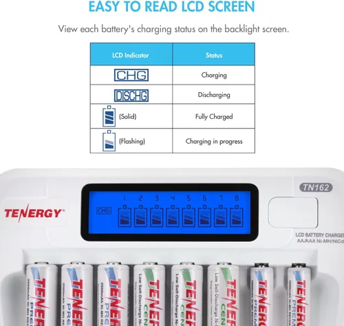 Vista 4 de Tenergy TN162 8-Bay Smart LCD cargador de batería para baterías recargables AA/AAA NiMH/NiCd