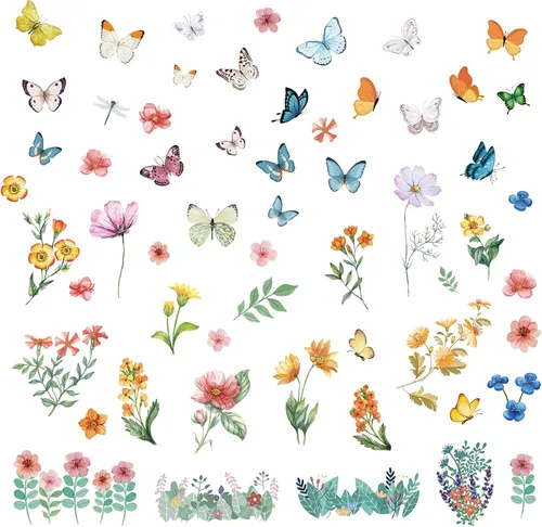 Vista 21 de CRASPIRE 8 estilos de tulipanes de flores, mariposas, calcomanías de pared de PVC floral, impermeables, autoadhesivas, vinilo autoadhesivo
